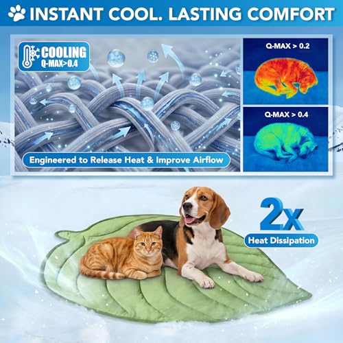 PetAmi Dog Cooling Mat, Leaf Shape, Pet Pad with Cooling Nylon & Soft Fleece, Q-Max > 0.4 Reversible All Season Blanket for Dogs & Cats, Large 52x60 in, Sage Green - color: Sage Green, size: Large