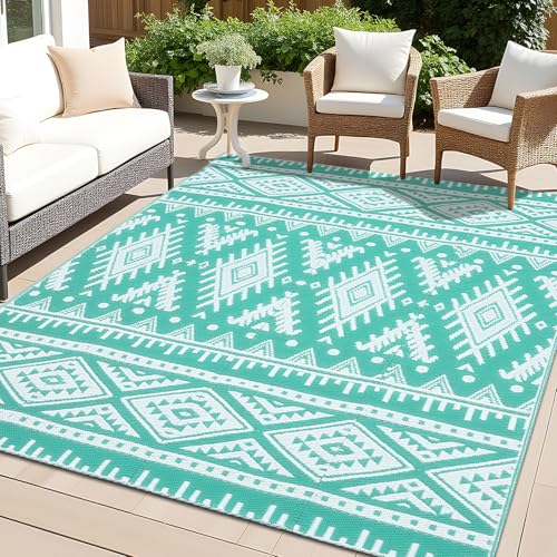 OLANLY Outdoor Rug Waterproof 4x6 ft, Reversible Outdoor Plastic Straw Rug, Boho Patio Rug, Indoor Outdoor Carpet, RV Mat Outside for Patio, Camp, Picnic, Balcony, Deck, Backyard, Turquoise & White - color: Turquoise & White, size: 4' X 6' (Rectangular)