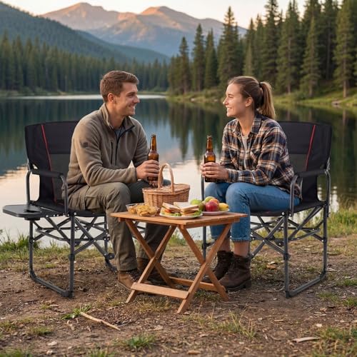 GYMAX Oversized Camping Directors Chair, Portable Folding Camping Chairs for Adults with Table, Heavy-Duty Lawn Chair for Fishing, Picnic, Sports, Beach, Outdoor, Supports 500LBS (Black) - color: Black