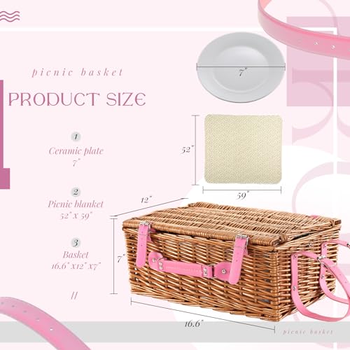 Picnic Basket Set for 4 with Waterproof Blanket Mat Insulation Bag Wicker Pink Floral Classic Fresh Gift for Christmas Thanksgiving Wedding Birthday Camp Outdoor Beach Travel - color: Pink Floral