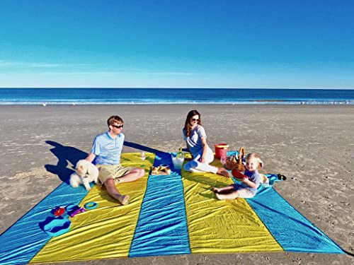 Extra Large Beach Blanket Waterproof Sandproof – XXL Oversized Beach Mat 10ft x 9ft Fits up to 8 Adults - Quick Dry Travel Blanket with 4 Stakes, Corner Pockets, Strap and Attached Bag - color: Sunrise