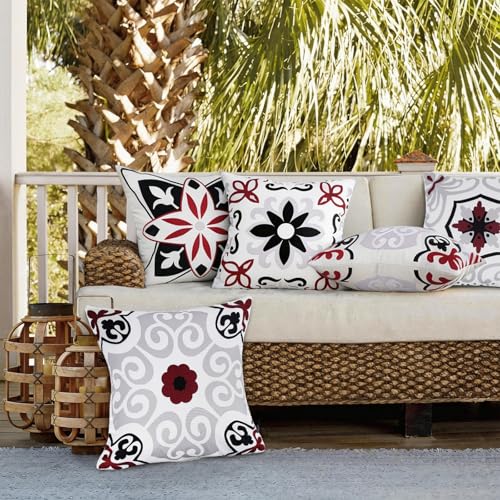 Pyonic Black White Gray Outdoor Pillows Waterproof Throw Pillow Covers Set of 4 Floral Printed and Boho Farmhouse Outdoor Pillow Covers for Patio Funiture Garden 18x18 Inch - color: Black Brown, size: 18" x 18" (Pack of 4)