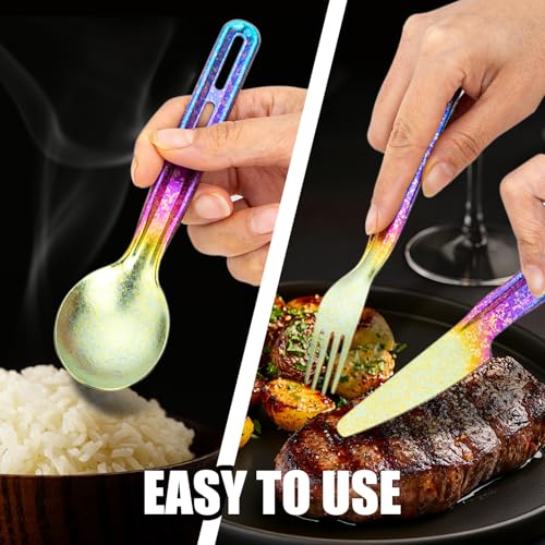 TiTo Titanium 3 Piece Cutlery Set, Ultralight Portabale Titanium Fork Spoon & Knife Tableware for Outdoor Camping Hiking Backpacking Travel Picnic Flatware with Titanium Carabiner (Blue Colorful) - color: Blue Colorful
