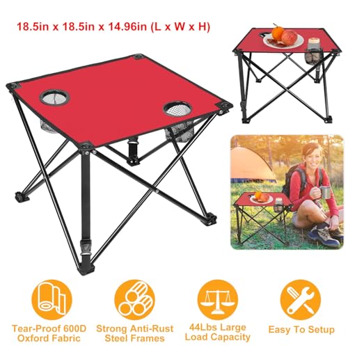 KOCASO 1Pc Foldable Camping Table Portable Picnic Table Lightweight Travel Desk with 2 Cup Holders Carrying Bag - color: Red