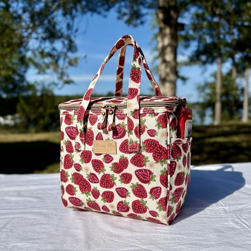 Kwang Min Floral Insulated Lunch Bag for Women,Reusable Lunch Box,Large Cooler for Office,Picnic Outdoors,Premium Quality Waterproof Fabric,Ideal Gift for Outdoors and work (Beige Strawberry) - color: Beige Strawberry