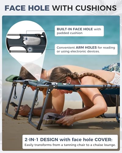 KingCamp Tanning Chair with Face Hole, Lounge Chairs Outdoor Folding Comfy Adjustable 5-Position Foldable Chaise Chaser with Canopy Shade for Outside Beach Patio, Blue/Grey - color: C*skyshade Canopy——blue/Grey Canopy, style: oversized