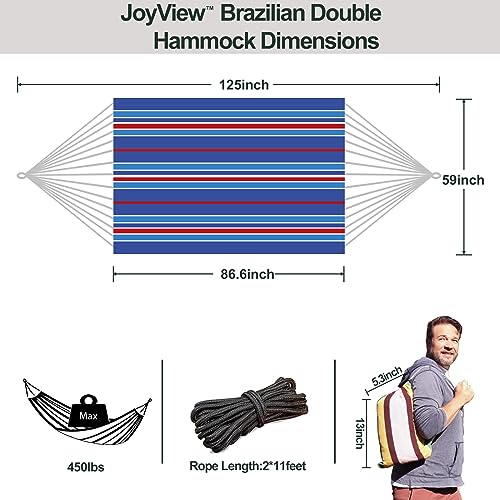 JoyView Brazilian Double Hammock with Hanging Ropes Extra Large 86.6x59” Portable Cotton Hammock for Patio Backyard Porch 450LBS Weight Capacity Perfect for Outdoor/Indoor - Blue Stripe - color: Blue Stripe