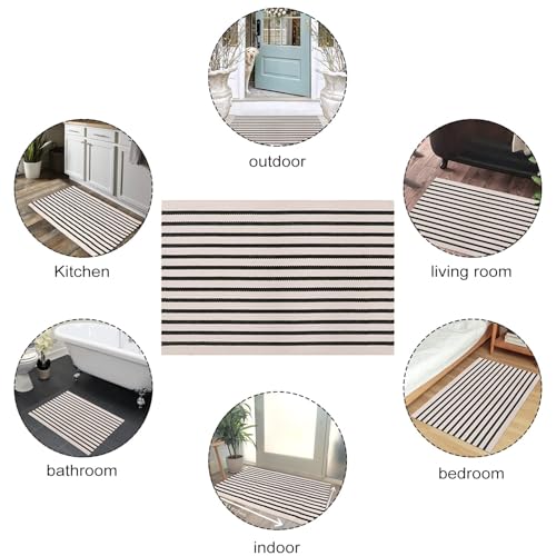 LEEVAN Black and White Striped Outdoor Rug Runner 2x4 Layering Doormat Farmhouse Front Porch Rug Cotton Woven Washable Throw Carpet for Hallway/Front Steps/Bathroom/Kitchen/Home Entrance - color: Black and White, size: 2' x 4'3" (Rectangular)
