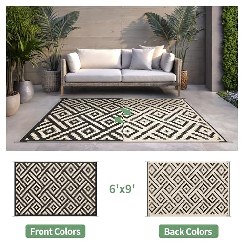 sarben Outdoor Rug for Patio - Waterproof Plastic Straw Camping Rugs 6x9 ft, Reversible Outdoor Indoor RV Mat Carpet for Patio, Porch, Deck, Balcony, Picnic, Beach, Black Beige - color: Black&beige, size: 6' x 9' (Rectangular)
