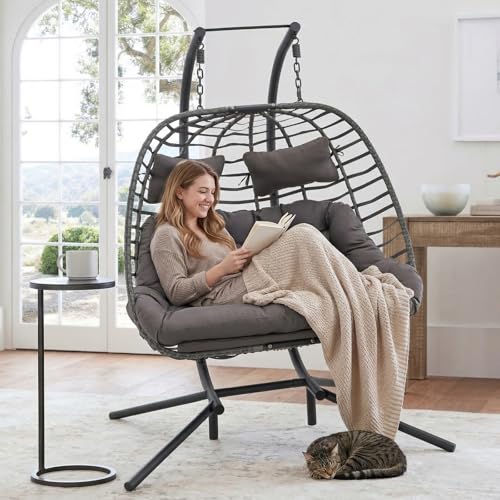 Double Egg Swing Chair with Stand for Outdoor, Patio Hand Made Rattan Wicker 2 Double Hanging Egg Chairs Hammock Chair with UV Resistant Cushion and Metal Frame, Porch Swing Loveseat for Backyard - color: Charcoal
