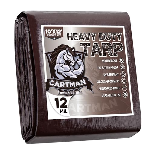 CARTMAN Finished Size 10x12 Feet Extra Thick 12 Mil Heavy Duty Poly Tarp, Multipurpose Protective Cover, UV Resistant, Waterproof Poly Tarpaulin with Reinforced Edges - color: Brown/Black 12mil, size: 10'×12'