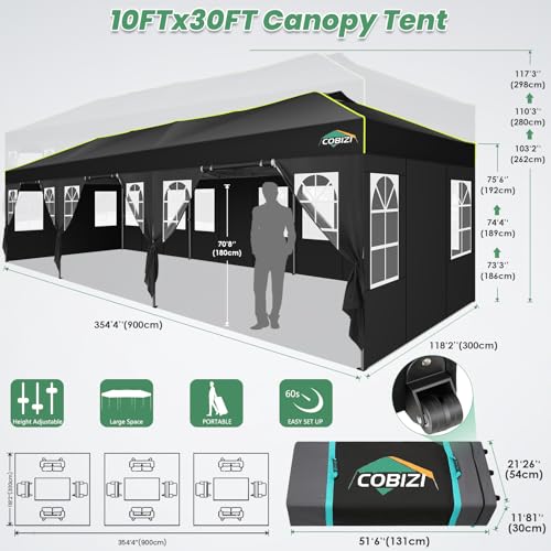 COBIZI 10x30 Pop Up Canopy Tent with 8 Removable Sidewalls, One Push Party Tent Outdoor Waterproof Event Canopy with Air Vent for Parties Commercial Wedding, 3 Height, Roller Bag, Sandbag, Black - color: Black, size: 10x30