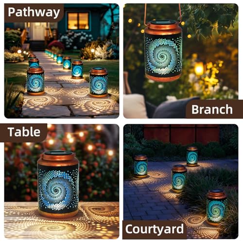 DIBIEECN Mothers Day Gifts for Mom, Birthday Gifts Grandma Ladies Solar Lanterns Outdoor Hanging Hollowed-Out Metal Waterproof LED Garden Decor Outside for Patio Yard Porch, Blue, 1 Pack - style: Blue