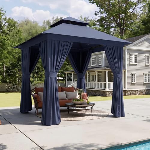 Aoxun Outdoor Gazebo for Patio 8x8 Metal Frame Canopy with Double Roofs Heavy Duty Party Tent and Shelter with Mosquito Netting and Privacy Screen for Backyard, Lawn, Garden, Deck (Navy Blue) - color: Navy Blue, size: 8 X 8
