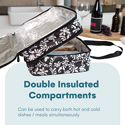 Dawhud Direct Insulated Casserole Carrier for Hot or Cold Food - Portable Casserole Dish Carrier with Handles - Black and White Design - 13 x 8 x 4 Inches Food Warmer Bag for Travel and Picnics - color: Black