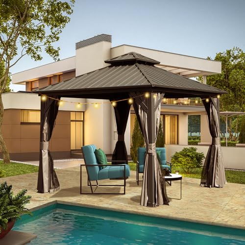 Domi 8' x 8' Hardtop Gazebo Permanent Metal Gazebo with Galvanized Steel Double Roof, Curtains and Netting for Party, Wedding, Outdoor Dining, Patio, Backyard, Brown - color: Brown, size: 8'×8' Double Roof