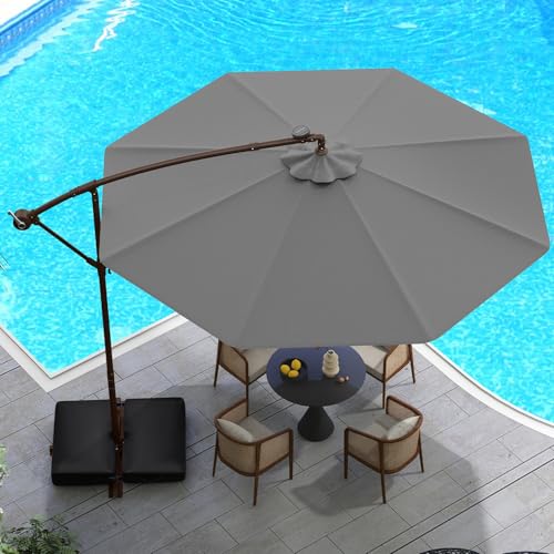 Tangkula 10FT Offset Patio Umbrella with Base Included, Outdoor Cantilever Umbrella with 40 Solar LED Lights, Tilt Adjustment, Crank Handle, Vented Top, Sand Bags for Pool Yard Deck (Gray) - color: Gray