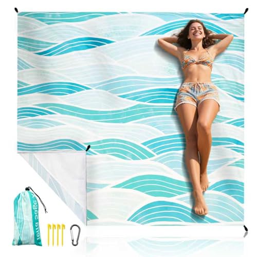 Beach Blanket Waterproof Sandproof Beach Mat 79" X 83" for 2-8 Adults, Sand Free Mat Quick Drying for Travel, Camping, Hiking with 4 Stakes & 4 Corner Pockets - color: Wave