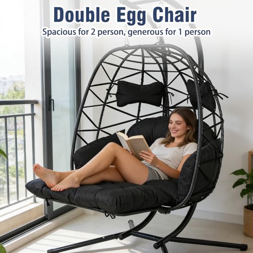 Double Egg Swing Chair with Stand, Oversized 2-Person Indoor Outdoor Hanging Hammock Chairs with Cushion, Wide and Large Comfy Loveseat, Sturdy Porch Swings for Bedroom, Balcony, Garden (Black)