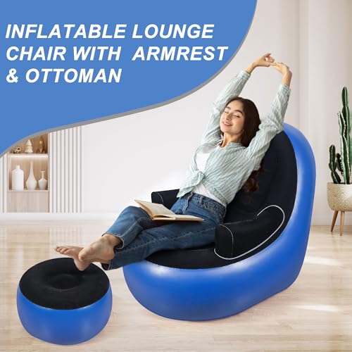 Thickened Inflatable Couch with Armrest＆Ottoman, Blow Up Lounger Chair,Folding Air Chair for Adults,Inflatable Lazy Sofa Perfect for Rooms, Camping or Home(Without Pump,Blue) - color: Blue