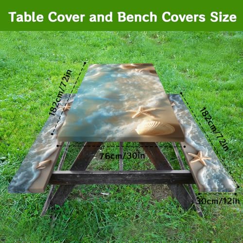 Sea Beach Picnic Table Cover with Bench Covers and Carrying Bag, Seashells Ocean Waves Tropical Hawai Rectangle Table Cover, Outdoor Patio Camping Essentials 6FT 4PCS, Camping Fitted Tablecloth