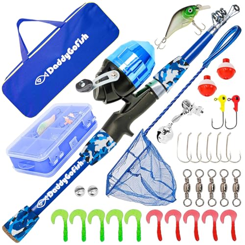 DaddyGoFish Kids Fishing Pole - Rod Reel Combo Tackle Box Starter Set - First Year Small Gear Kit for Boys Girls Toddler Youth Age Beginner Little Children - color: Blue (Essential Set), size: 5ft