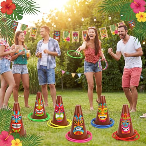 Jenaai 26 Pcs Luau Party Favors Luau Tiki Pool Ring Toss Game Limbo 6 Plastic Cones Hawaiian 20 Toss Rings for Indoor Outdoor Summer Tropical Pool Beach Party Supplie