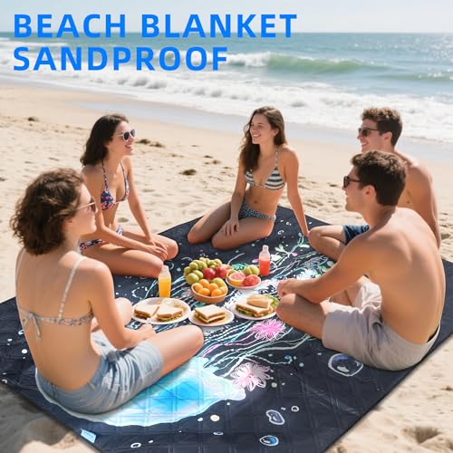 60x80” Double Thickened Picnic Blankets(150g High Density Cotton Stuffed) Jellyfish Pattern Outdoor Picnic Mat Portable Picnic Blanket Foldable with Leather Carry Strap Beach Blanket - color: Jellyfish, size: 60"x80"