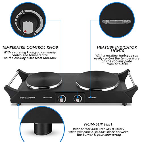 Techwood 1800W Hot Plate Portable Electric Stove Countertop Double Burner with Adjustable Temperature & Stay Cool Handles, 7.5” Cooktop for RV/Home/Camp, Compatible for All Cookwares - color: Black, size: Double Burner
