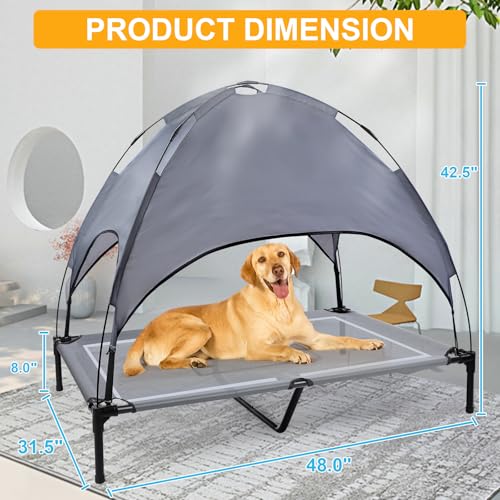 a12'' Outdoor Elevated Dog Bed with Canopy, Raised Dogs Bed Medium Large Size Dogs with Six Support Feet, BreathablaHammock Bed,Outside Pet Bed with 4 Ice Pack(Large)