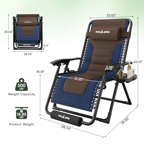 Amopatio Foldable Zero Gravity Chair, Oversized Outdoor Reclining Chair, 500LB Weight Capacity XLPatio Recliner with 0-170° Adjustable Backrest, Heavy Duty Lounge Chair with Cup Holder - color: Blue-brown, style: 29in-1pc