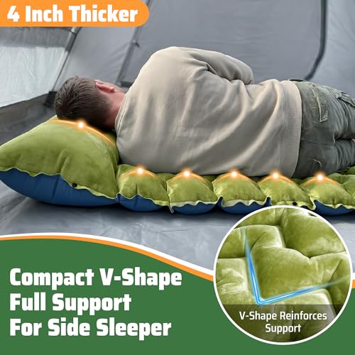 4" Thick Double-Sided Camping Sleeping Pad | Warm Velvet Top, Waterproof Nylon Bottom | Inflatable Mattress for Backpacking & Cold Weather - color: Crystal Velvet Green+blue Nylon