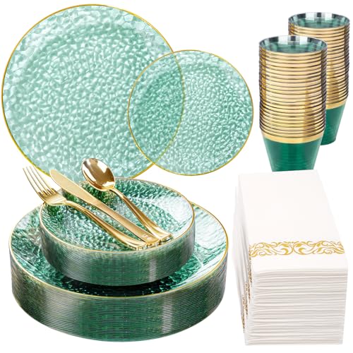 DaYammi 175 Pcs Green Plastic Plates Dinnerware Set (25 Guests), Hammered Plates Sets, Green Party Platos Set include 50 Disposable Platos, 75 Gold Plastic Silverware, 25 Cups 25 Napkins - color: Clear Green, size: 175 Pcs