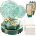 DaYammi 175 Pcs Green Plastic Plates Dinnerware Set (25 Guests), Hammered Plates Sets, Green Party Platos Set include 50 Disposable Platos, 75 Gold Plastic Silverware, 25 Cups 25 Napkins - color: Clear Green, size: 175 Pcs