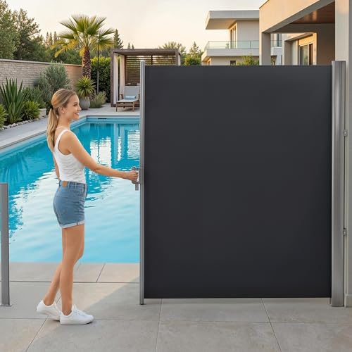 MCombo Aluminium Patio Retractable Side Awning, Fully Assembled Waterproof Sunshade Privacy Screen for Garden, Balcony and Pools (Dark Grey, 78"x138") - color: Dark Grey, size: 78"x138"