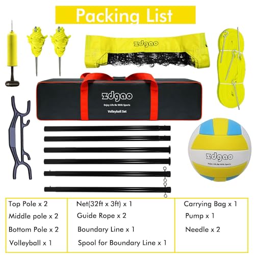 Volleyball Net Outdoor - Portable Volleyball Set for Backyard with Professional Volleyball Net, Wrap Yarn Volleyball and Pump, Boundary Line, Carry Bag - style: Plus-32FT(Yellow)