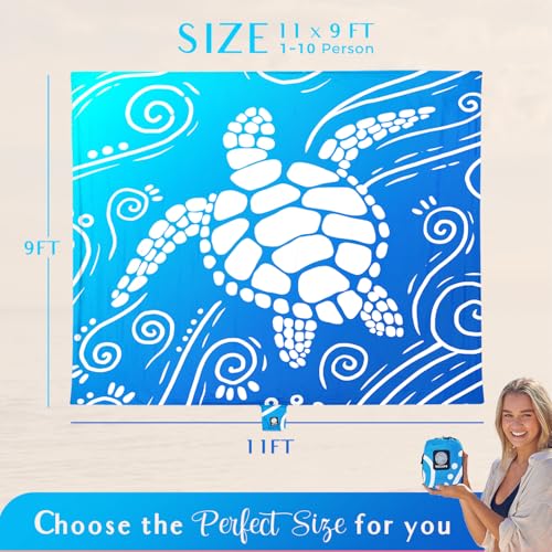 WEKAPO Beach Blanket Waterproof Sandproof Oversized Extra Large Sand Free Beach Mat with Stakes, Storage Bag - Essentials for Outdoor Beach, Picnic (Gradient Blue Sea Turtle, 11 X 9 FT (1~10 Person)) - color: Gradient Blue Sea Turtle, size: 11 X 9 FT (1~1