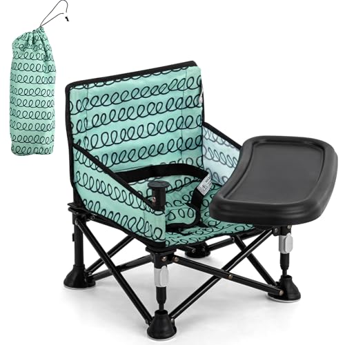 Toddler Booster Seat for Dining Table & Kitchen Chair - Portable Foldable with Removable Tray, Baby Camping Chair 6-36 Months Indoor Outdoor (Green Stripe) - color: Green Stripe Booster Seat