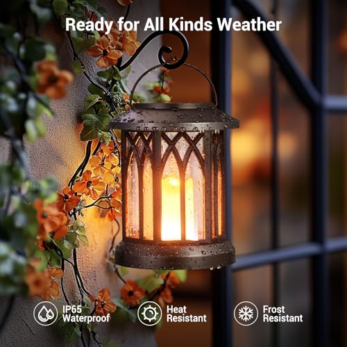 KOOPER 4 Pack Solar Lantern Outdoor Lights, Hanging Solar Lanterns Outdoor Waterproof, Christmas Gifts LED Flickering Flameless Candle Mission Lights for Yard Table Garden (Black) - size: 4 Pack, style: Candle
