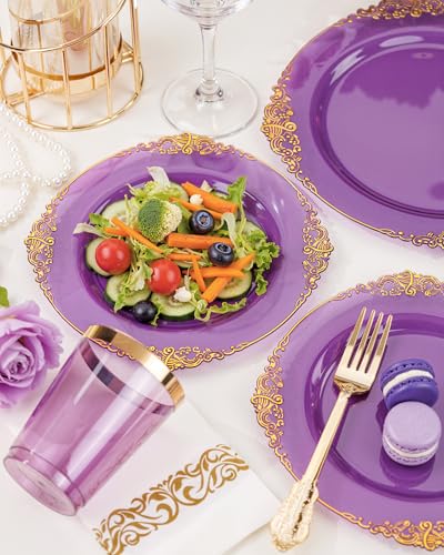 Nervure 350PCS Purple Plastic Plates - Purple Plastic Dinnerware Sets for 50 Guests - 100 Disposable Plates, 150 Gold Silverware, 50 Cups, 50 Napkins for Wedding & Party - color: Purple