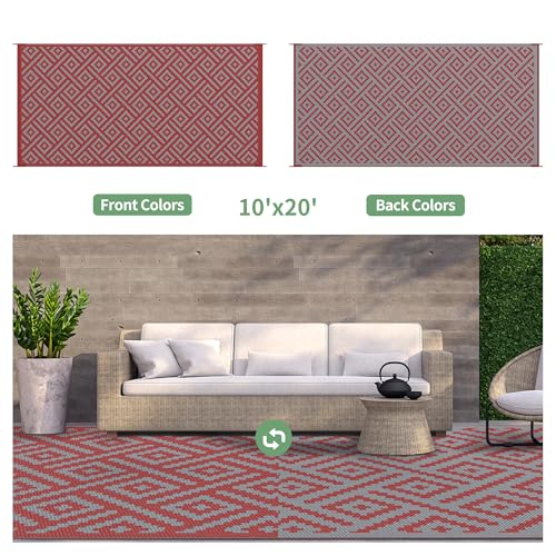 GENIMO Outdoor Rug for Patio Clearance, 10'x20' Reversible Plastic Straw Rugs, Lightweight Waterproof RV Camping Mat for Camper, Balcony, Deck, Backyard, Picnic, Red Grey - color: Red & Grey, size: 10' x 20' (Rectangular)