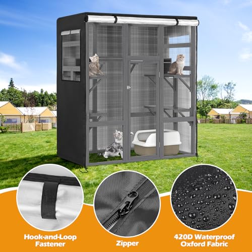 Catio Cover, 64" L x 34" W x 71" H Waterproof Cover for Outdoor Cat Enclosure, 420D Cat Cage Cover for Nyeekoy Catios, Black (Catio Not Included) - size: 64"L x 34"W x 71"H for Nyeekoy