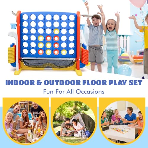 Giant 4-in-A-Row Connect Game Set, Adjustable Height Jumbo Yard Game with Golf, Basketball Hoop, Ring Toss & Mesh Pocket, Indoor & Outdoor Yard Connect Game for Kids Adults Family - color: Blue