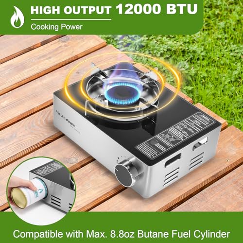 Portable Gas Stove with Case, 12000 BTU Butane Stove with Wind Guard, Single Burner Camp Stove for Home Kitchen, Camping, Picnics, Hiking, Fuel Not Included