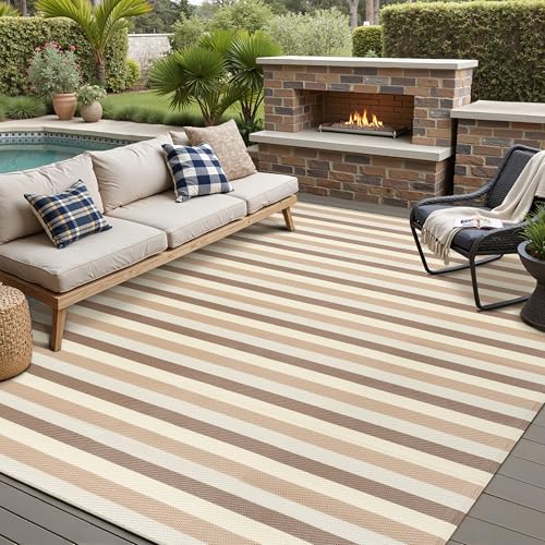 PureCozy Outdoor Waterproof Patio Rug 6x9 Plastic Straw Reversible Outside Beige Striped Carpet Lightweight Large Rug for Camping RV Porch Deck Balcony Beach - color: Stripe | Beige Brown, size: 6' x 9' (Rectangular)