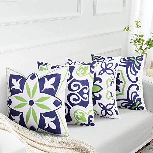 Pyonic Set of 4 Outdoor Pillow Covers 20x20 Waterproof Decorative Throw Pillow Covers Floral Printed Farmhouse Boho Pillowcase for Patio Funiture Garden Navy Blue - color: Navy Blue, size: 20" x 20" (Pack of 4)