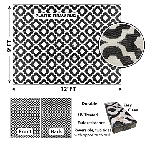 rv mats Outdoor Rug – 9x12, Black Reversible Recycled Plastic Straw Outdoor Patio Rugs Clearance Waterproof Large RV Camper Mats 514 - color: Black, White, size: 9' x 12' (Rectangular)