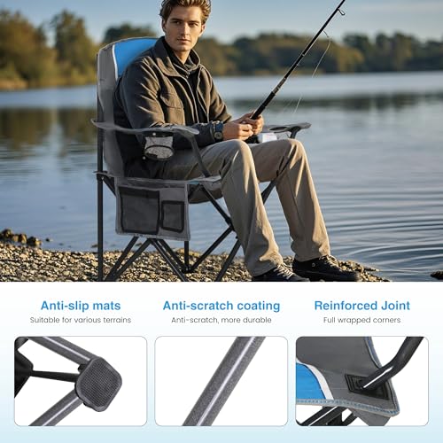 LET'S CAMP Oversized Outdoor Folding Camping Chair, 2 Pack Heavy Duty Arm Chairs with Cup Holder and Storage Bag, 350 LBS Weight Capacity, Blue - color: Blue Grey, size: 2 Packs