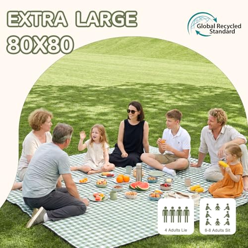 Genovega Waterproof Picnic Blanket Beach Outdoor Camping Mat Rug Extra Large Foldable Cute Big Travel Essential Accessories Gift Park Patio Lawn Garden Grass PlayMusic Festival Concert Must Have - color: Checkered Green, size: 6'8" x 6'8" (Square)