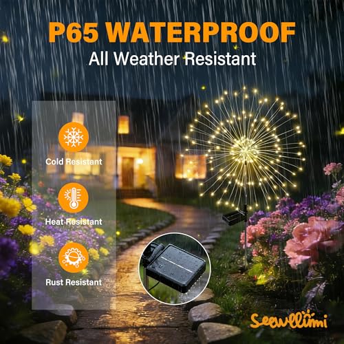Solar Garden Lights Outdoor Decor Waterproof, 3Pack 120LED Firework Lights for Garden Decorative, Fairy Lights Solar Powered for Yard, Patio,Pathway,Flowerbed,Planter,Party(Warm White) - size: 3 Pack